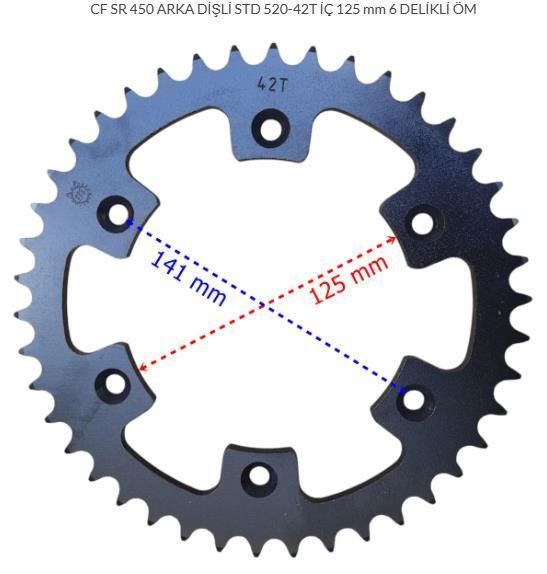 CF MOTO 450SR ARKA DİŞLİ STD 520-42T İÇ 125 mm 6 DELİKLİ ÖM